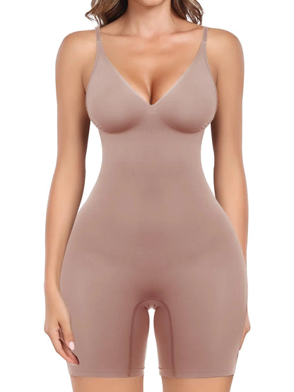 overflair Shapewear Bodysuit for Women Tummy Control Deep V Neck Body Shaper Butt Lifting Fajas Seamless Thigh Slimmer Shorts Nude L